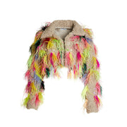 Cropped Trucker Jacket with multicolored ostrich feathers and sequin embroidery.