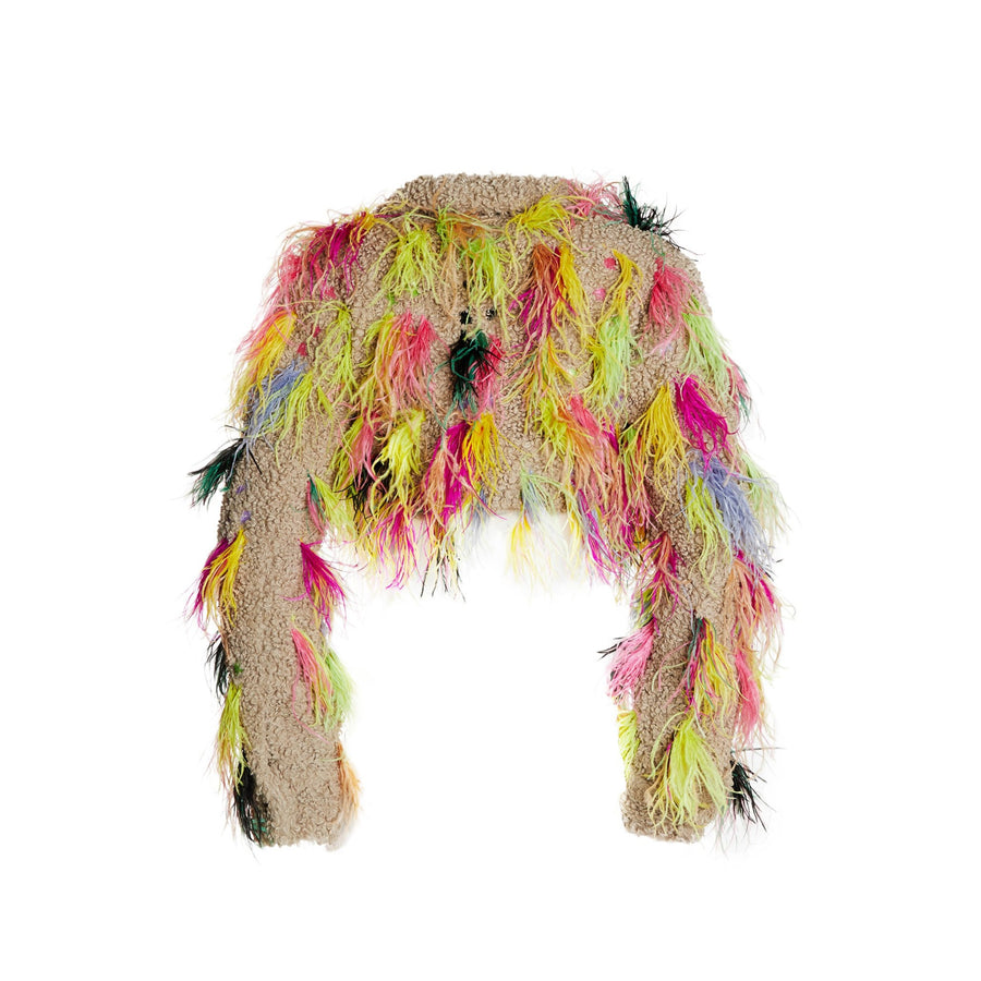 Cropped Trucker Jacket with multicolored ostrich feathers and sequin embroidery.