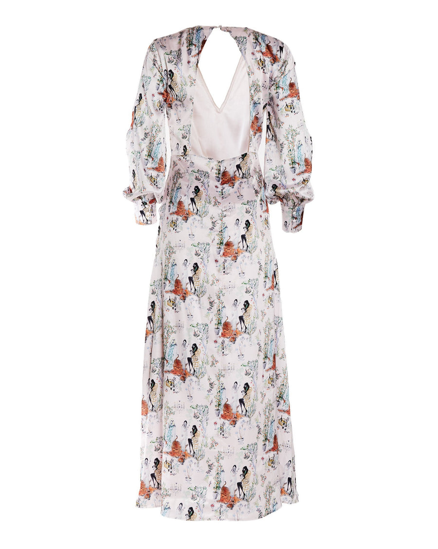 Maxi Printed Dress with Balloon Sleeves and Cut-out Back