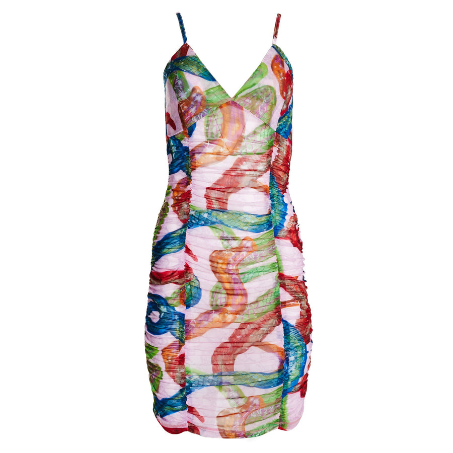 Spaghetti Dress Ruched Mesh Dress
