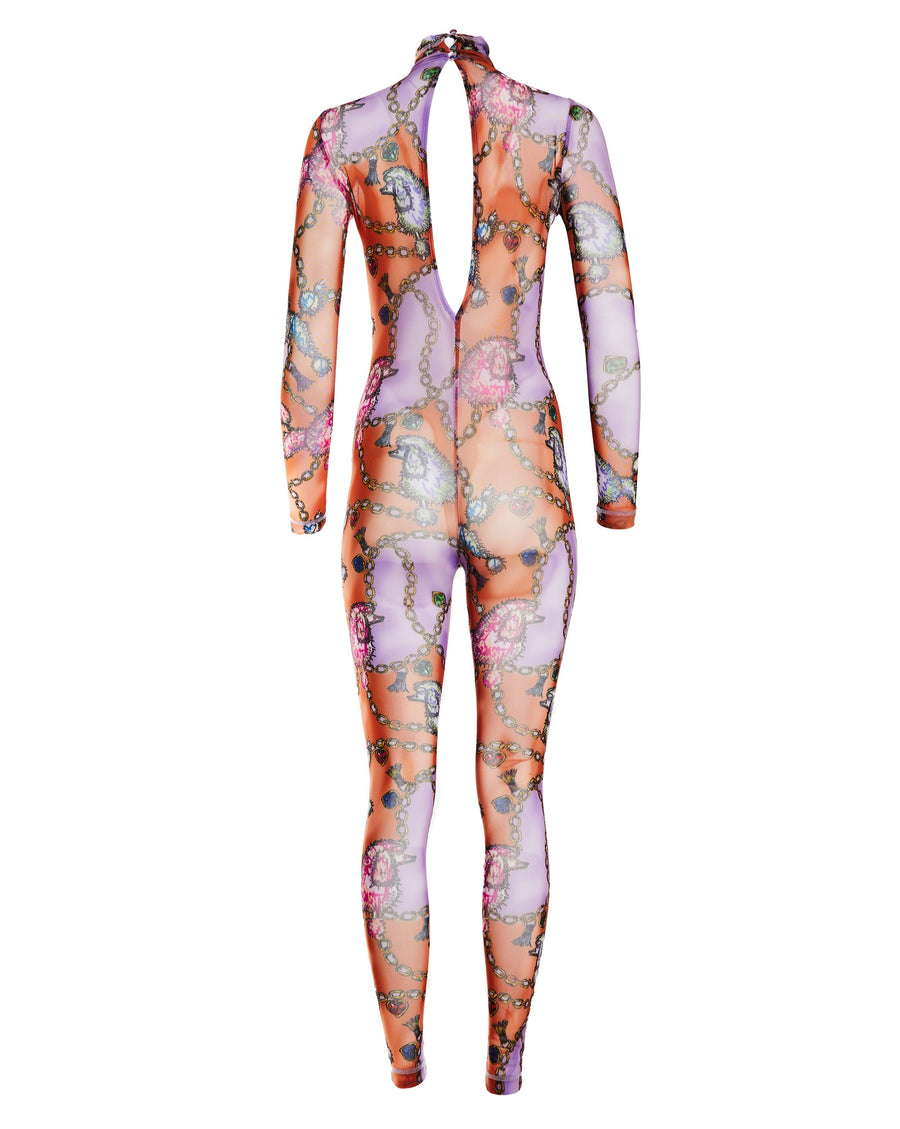 Printed Mesh Catsuit with Open Back
